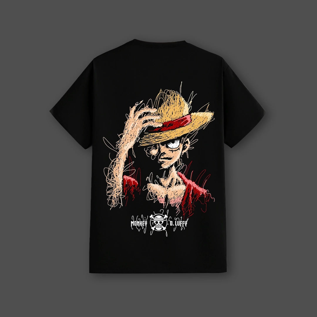 Luffy black t-shirt limited edition Vlack regular fit with sketch style Straw Hat Luffy graphic on back