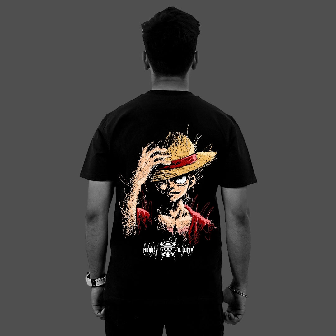 Luffy black t-shirt limited edition Vlack regular fit back view with large sketch style Monkey D Luffy straw hat graphic