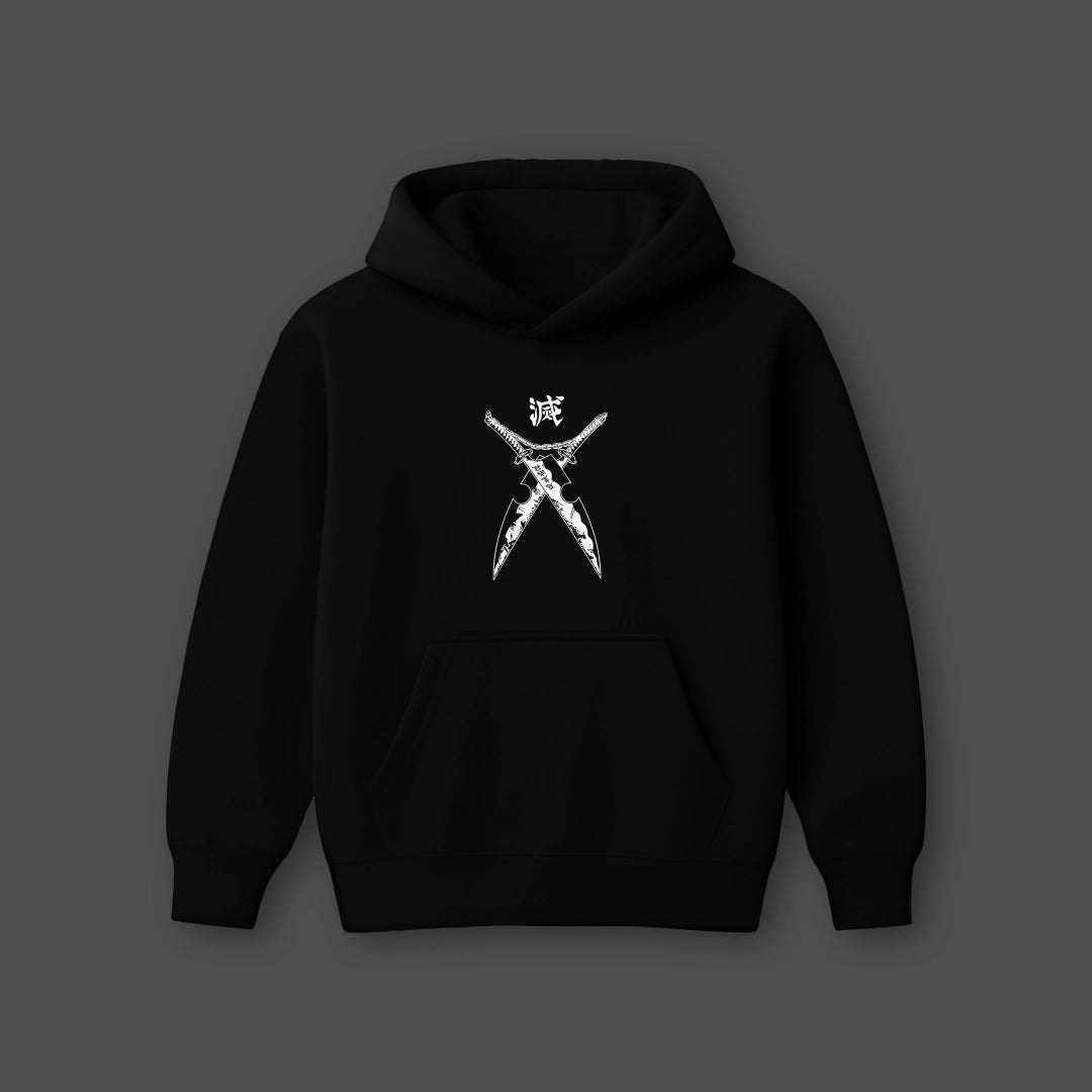Oversized black anime hoodie featuring a unique graphic design on the front