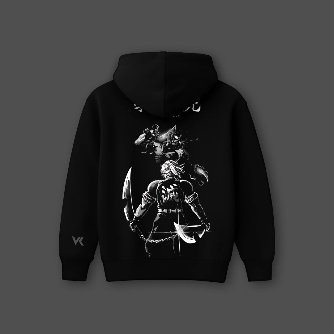 Oversized black anime hoodie featuring a striking graphic design on the back