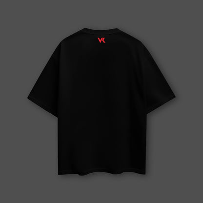 Back view of oversized black heart eyes t-shirt from Vlack with a simple red logo