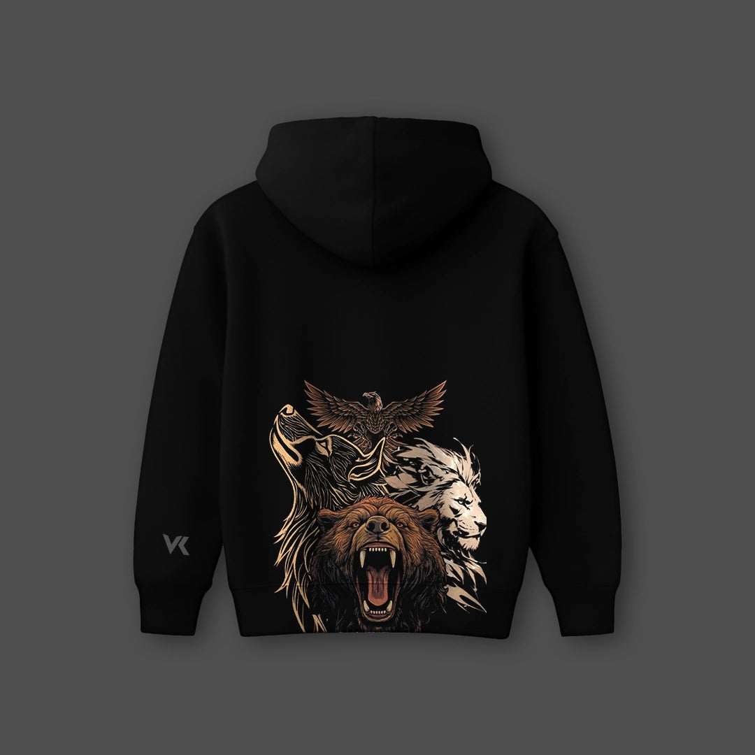 Oversized black hoodie featuring a stylish animal graphic design on the back