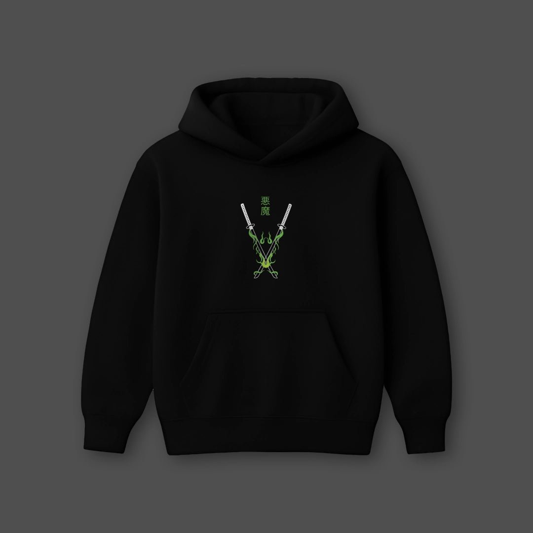 Vlack oversized black hoodie featuring a unique graphic design with swords