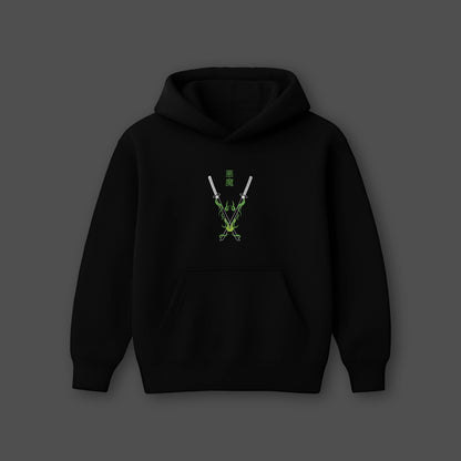 Vlack oversized black hoodie featuring a unique graphic design with swords