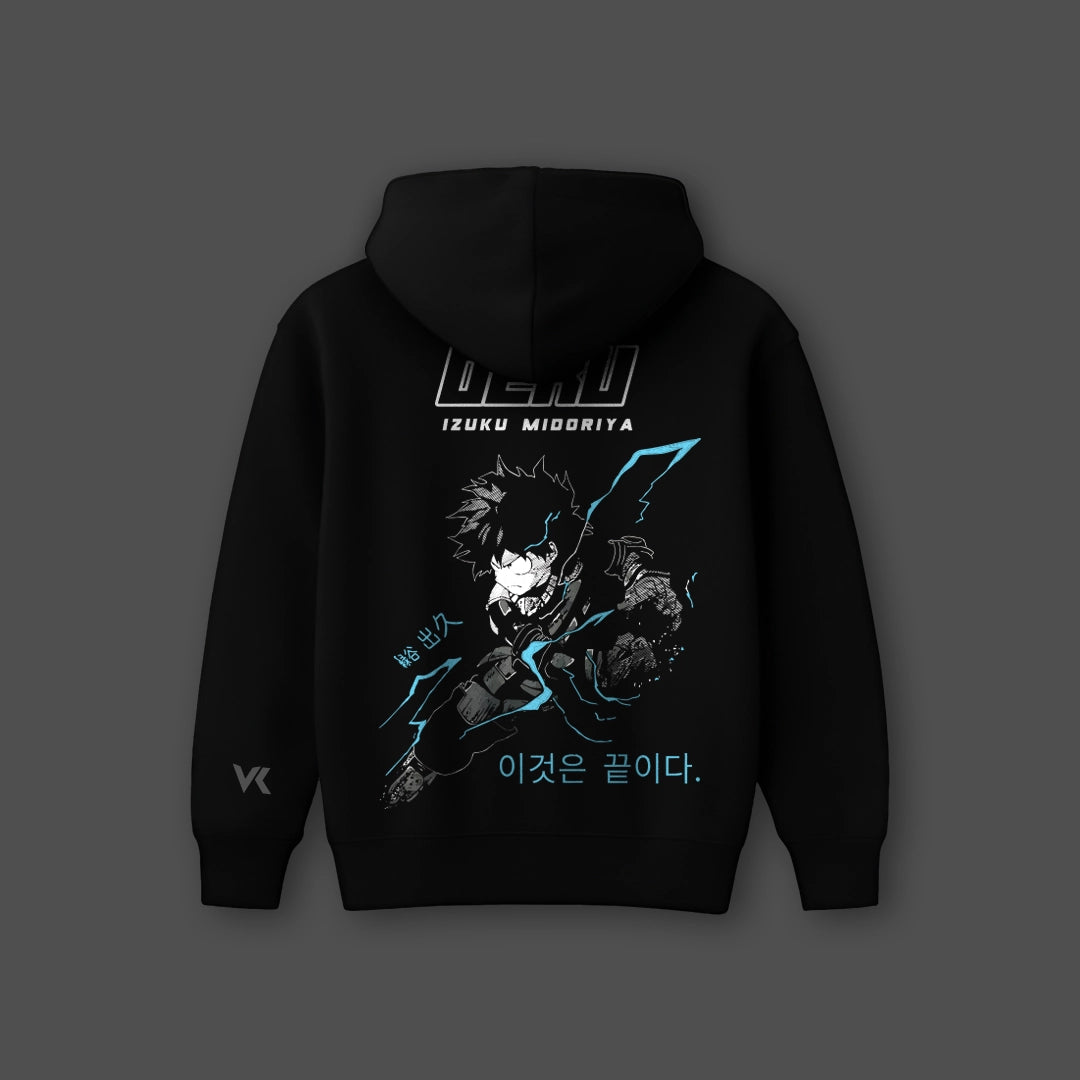 Oversized black hoodie featuring Izuku Midoriya graphic art on the back with stylish design