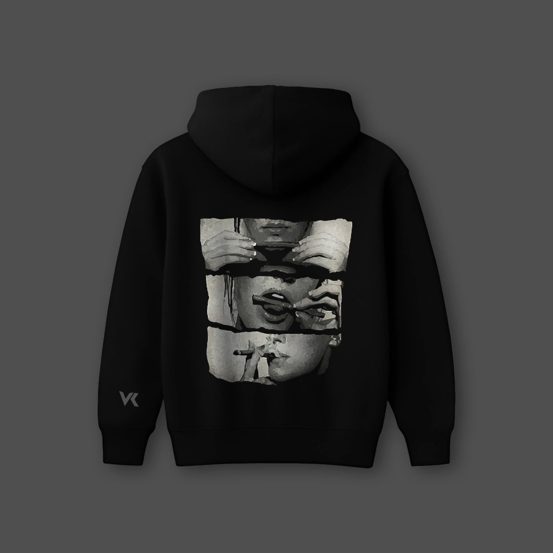 Oversized black hoodie for men featuring a unique graphic design on the back