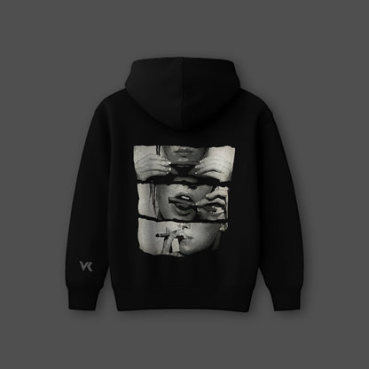 Oversized black hoodie for men featuring a unique graphic design on the back