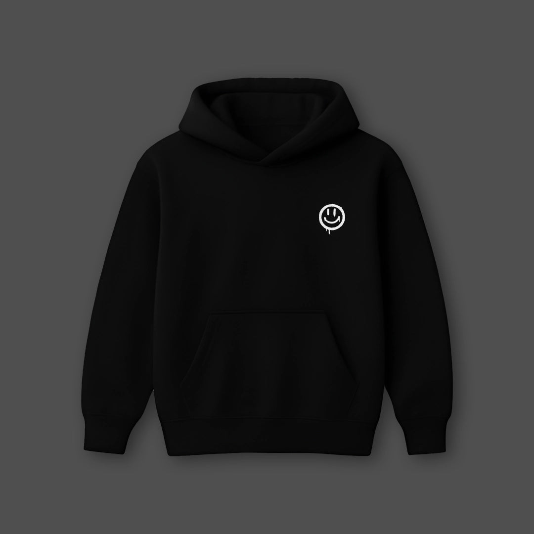 Vlack oversized black hoodie for men with front pocket and smiley logo design