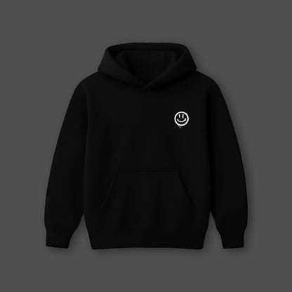 Vlack oversized black hoodie for men with front pocket and smiley logo design