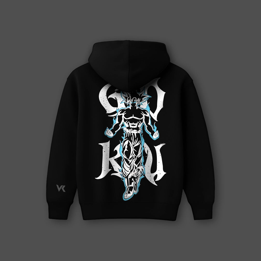 Oversized black hoodie featuring a bold graphic print of a character on the back