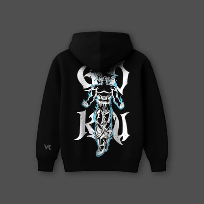 Oversized black hoodie featuring a bold graphic print of a character on the back