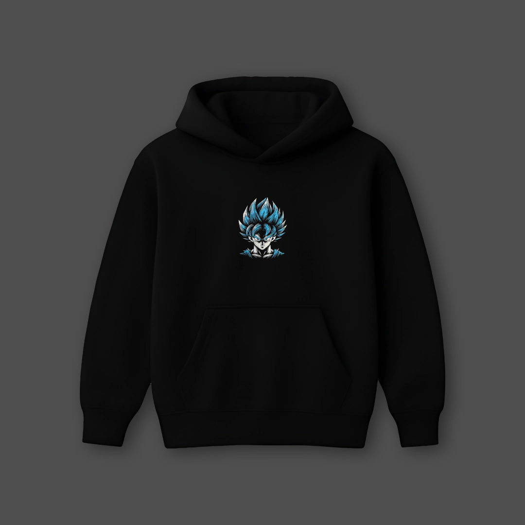 Oversized black hoodie featuring a vibrant blue-haired character design on the front