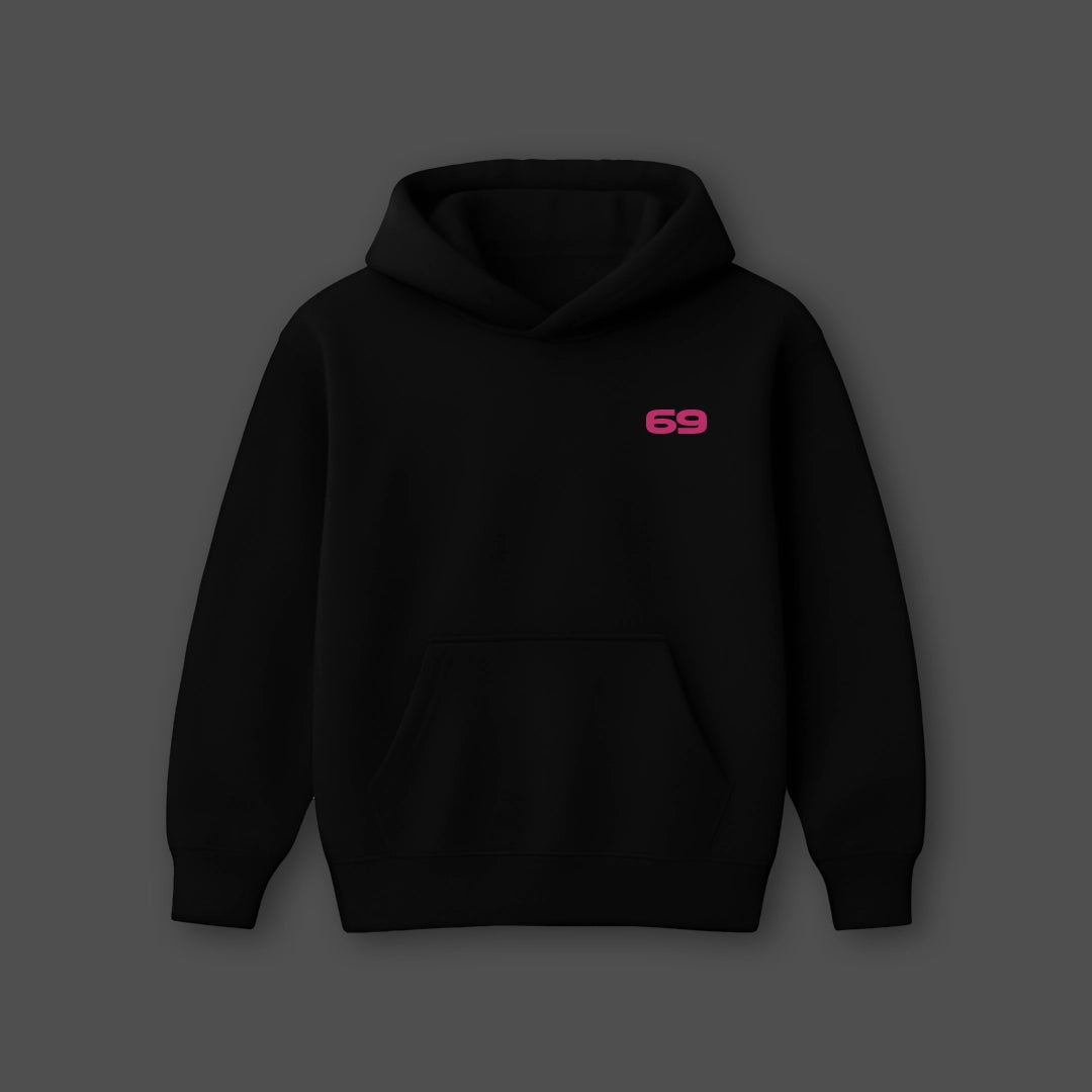 Vlack oversized black hoodie featuring a front pocket and pink logo for casual comfort