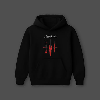 Vlack oversized black hoodie featuring a bold graphic design in red on the front