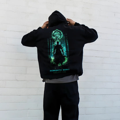 Oversized black hoodie featuring a glowing Ronoro Zoro design on the back for anime fans