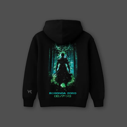 Oversized black hoodie featuring Roronoa Zoro graphic design and vibrant forest backdrop