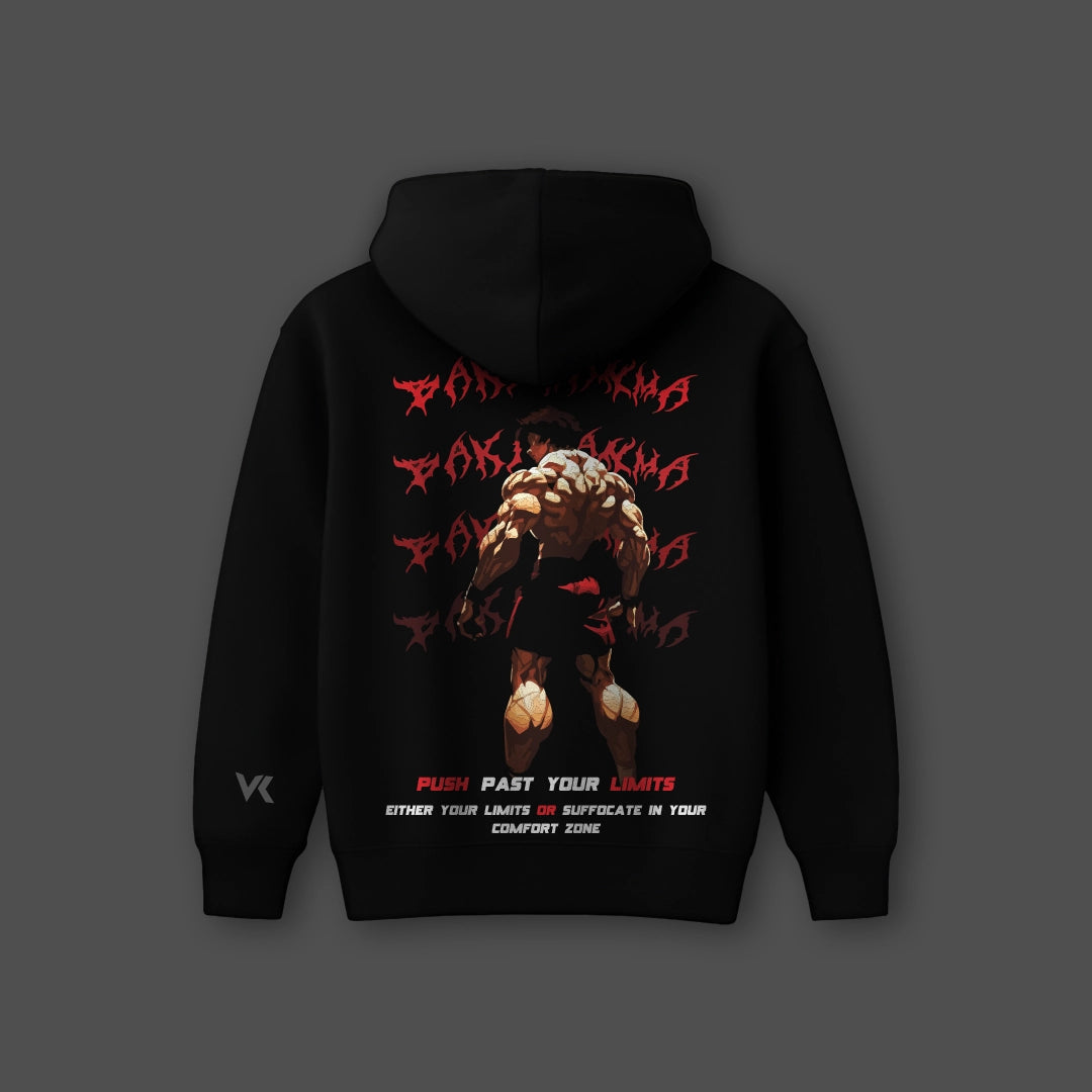 Oversized black hoodie streetwear featuring a graphic design and motivational text on the back