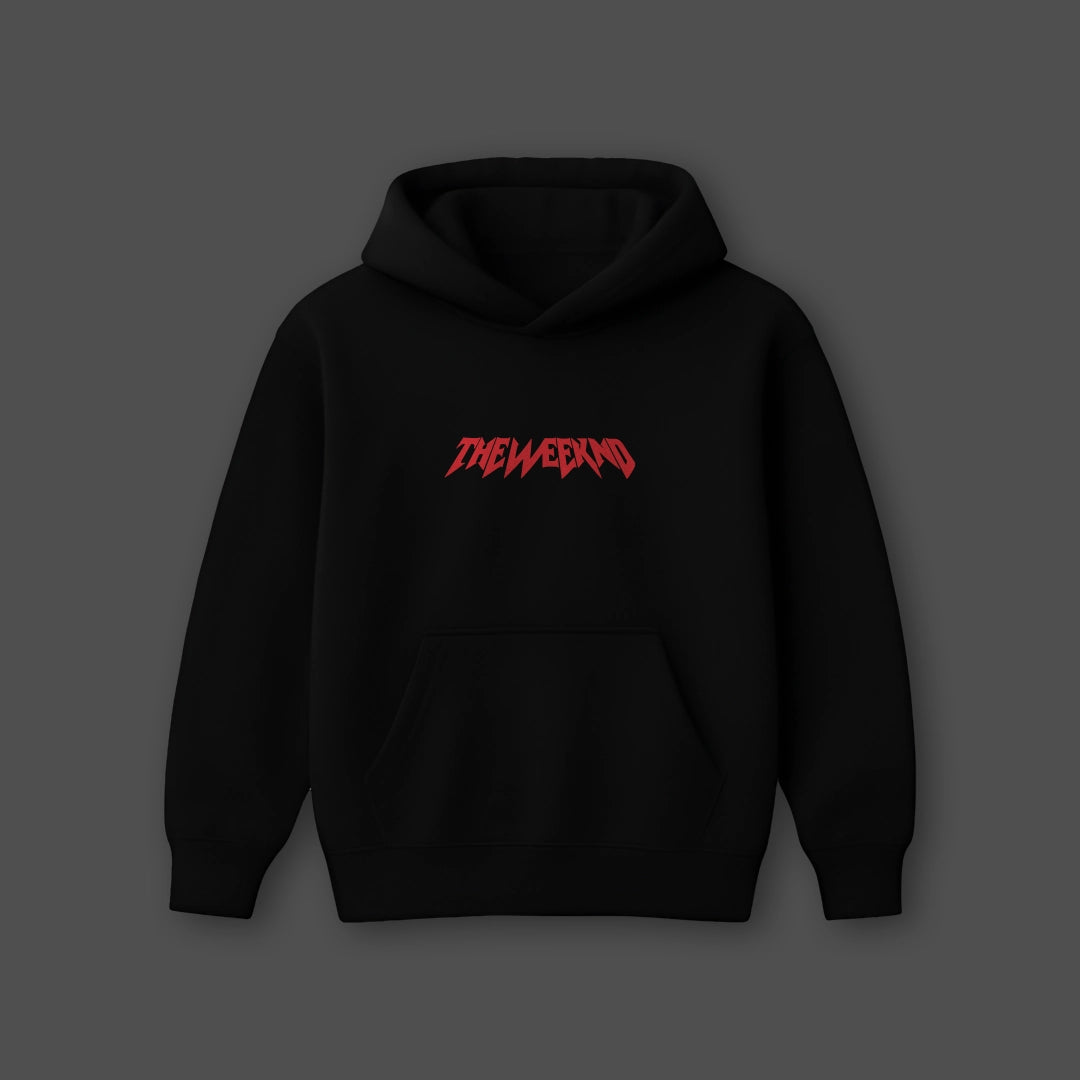 Oversized black hoodie streetwear with red graphic logo for a trendy urban look