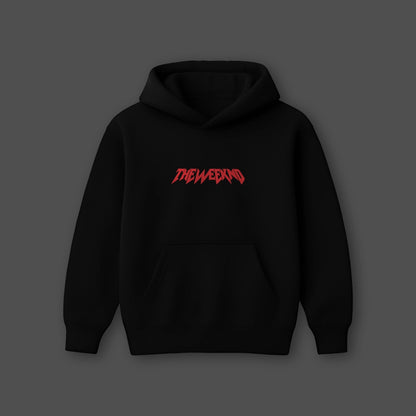 Oversized black hoodie streetwear with red graphic logo for a trendy urban look