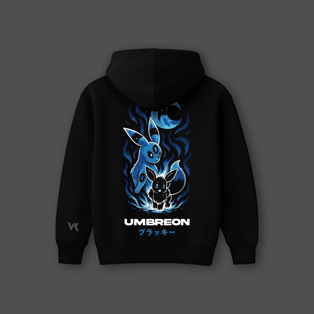 Oversized black hoodie featuring Umbreon design with blue flames and playful characters