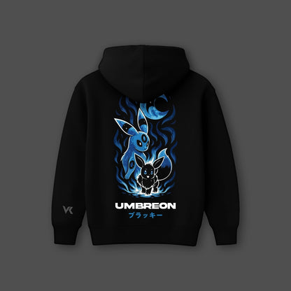 Oversized black hoodie featuring Umbreon design with blue flames and playful characters