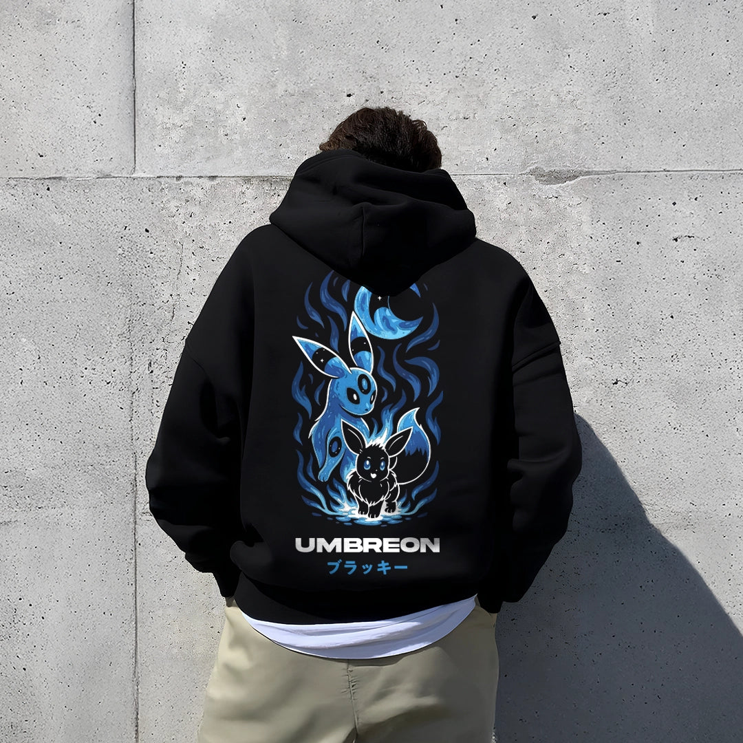 Oversized black hoodie featuring an Umbreon design with vibrant blue accents
