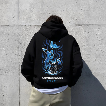 Oversized black hoodie featuring an Umbreon design with vibrant blue accents