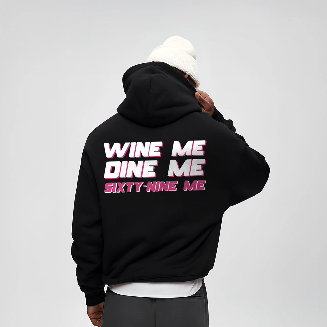 Oversized black hoodie from Vlack featuring a bold graphic text design on the back