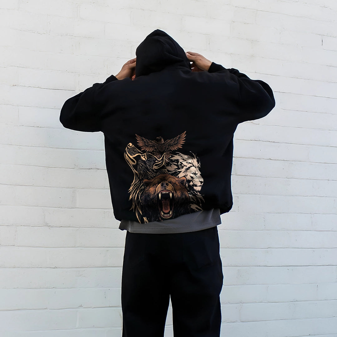 Oversized black hoodie featuring a striking graphic of a wolf and owl on the back.