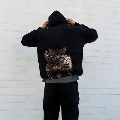 Oversized black hoodie featuring a striking graphic of a wolf and owl on the back.