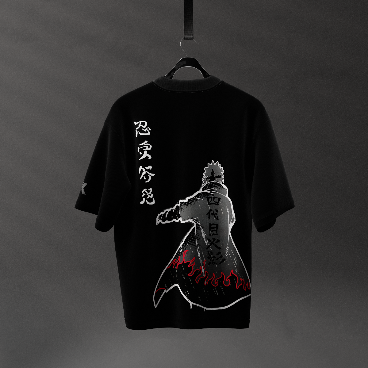 Oversized black t-shirt featuring a graphic design of a character with a flowing coat and flame details