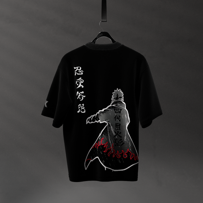 Oversized black t-shirt featuring a graphic design of a character with a flowing coat and flame details