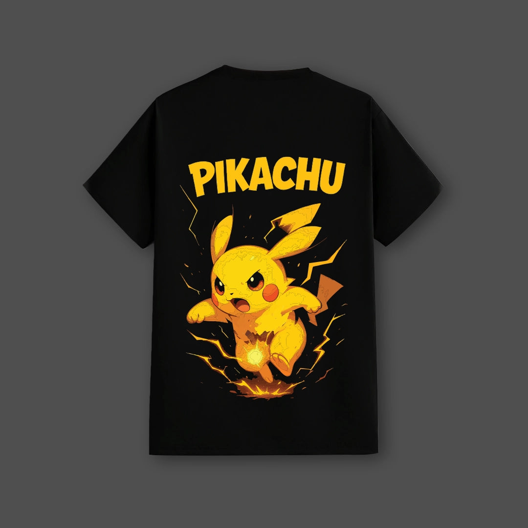 Pikachu black t shirt featuring an energetic design of Pikachu with lightning effects