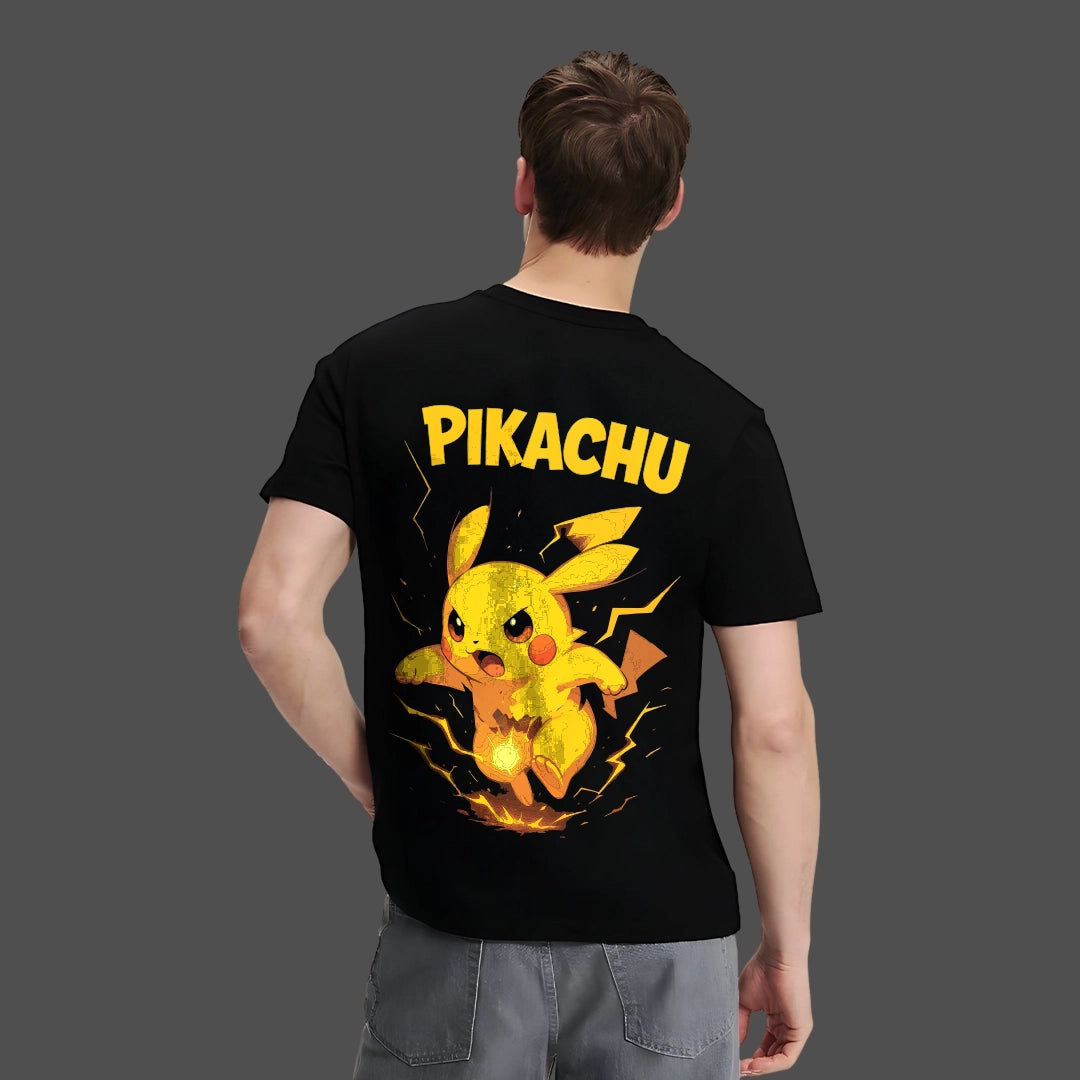 Regular fit Pikachu black t shirt featuring a vibrant graphic of Pikachu on the back