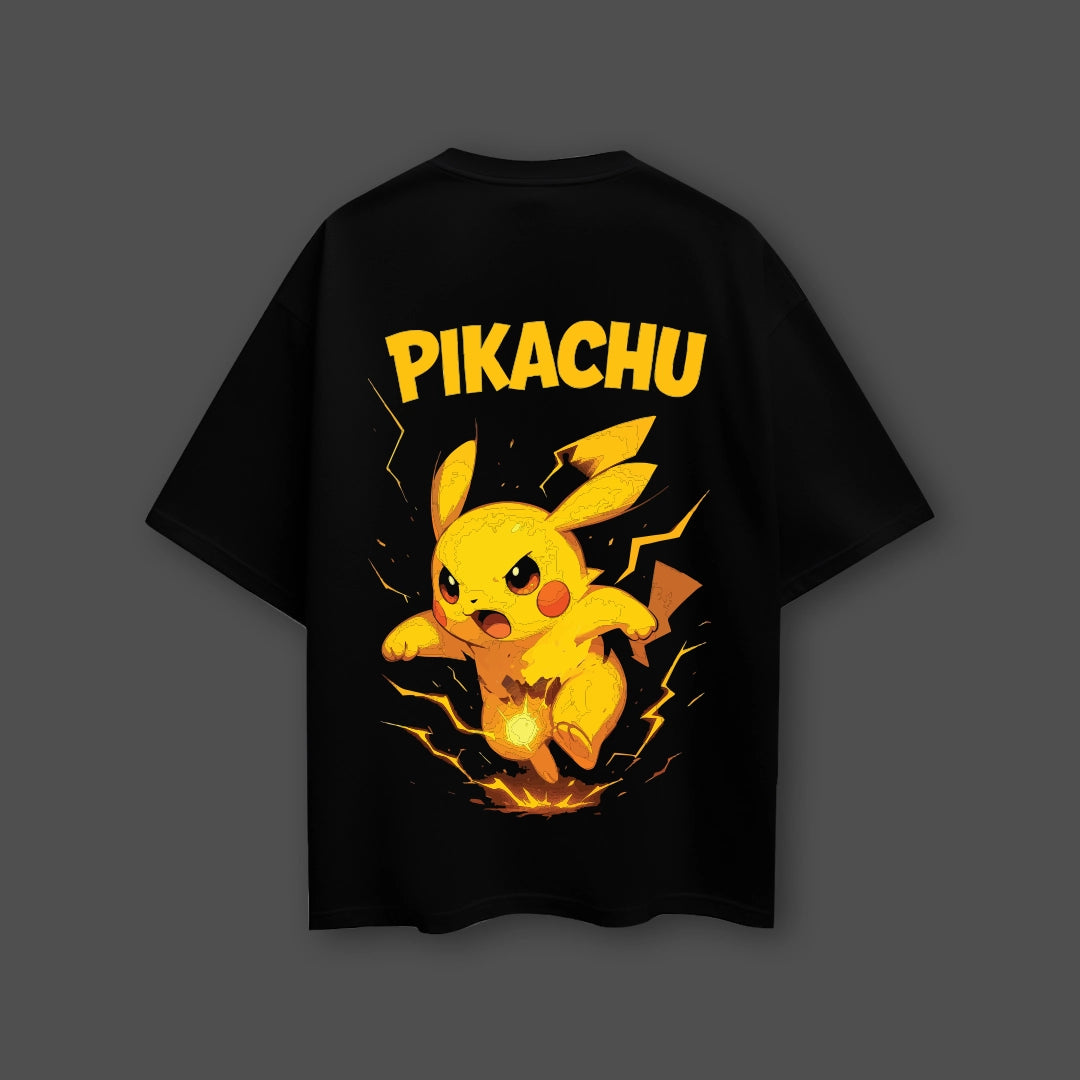 Pikachu oversized black t-shirt featuring a vibrant design of Pikachu with electricity