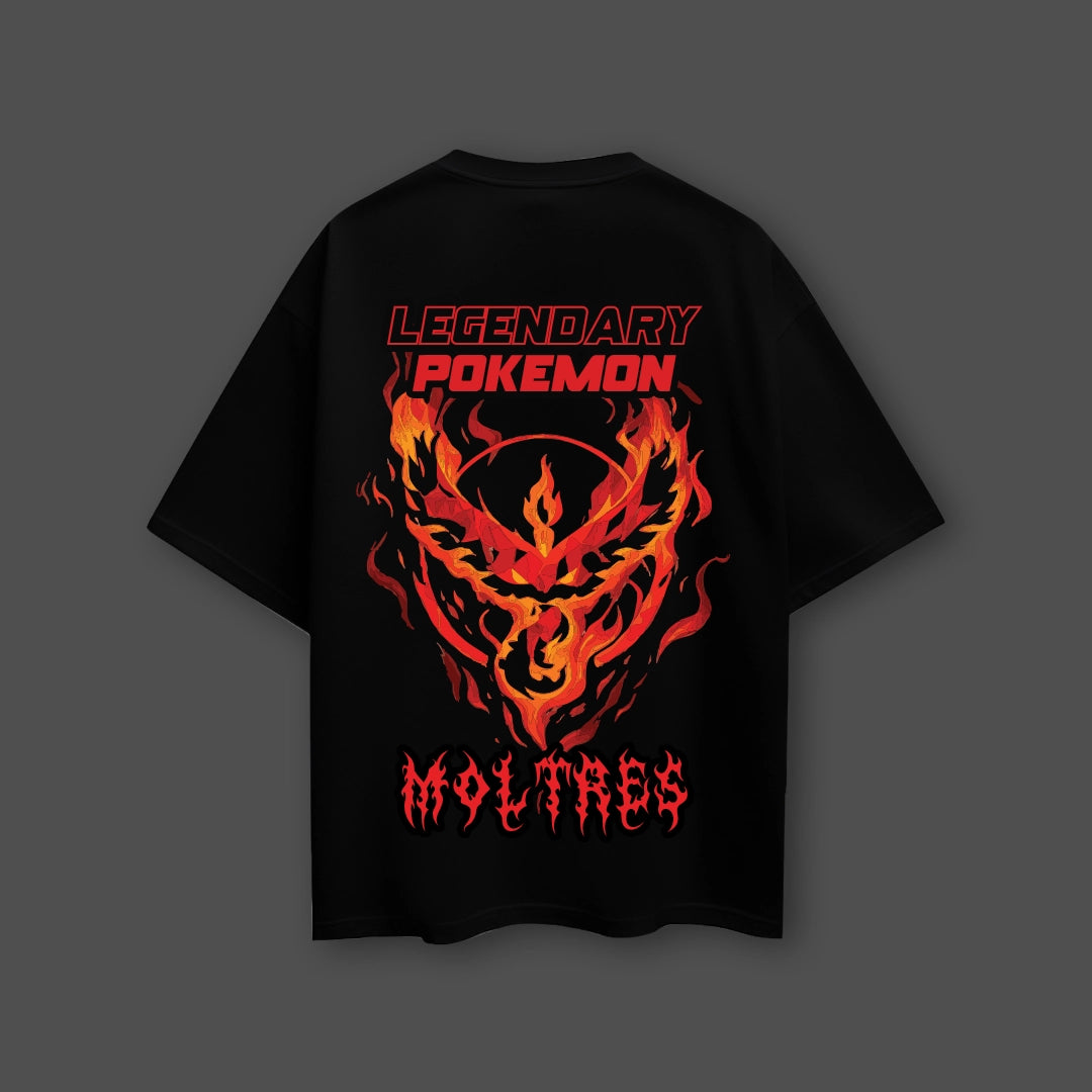 Moltres oversized black t-shirt featuring a fiery Legendary Pokémon graphic on the back