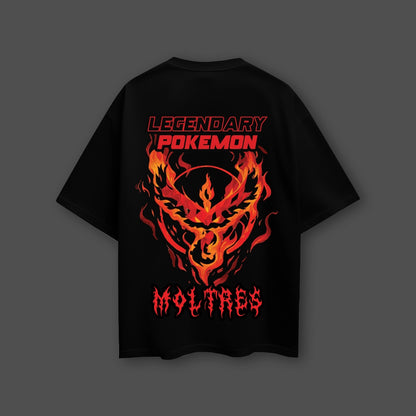 Moltres oversized black t-shirt featuring a fiery Legendary Pokémon graphic on the back