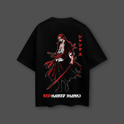 Red-Haired Shanks black oversized t-shirt featuring vibrant graphic design and relaxed fit