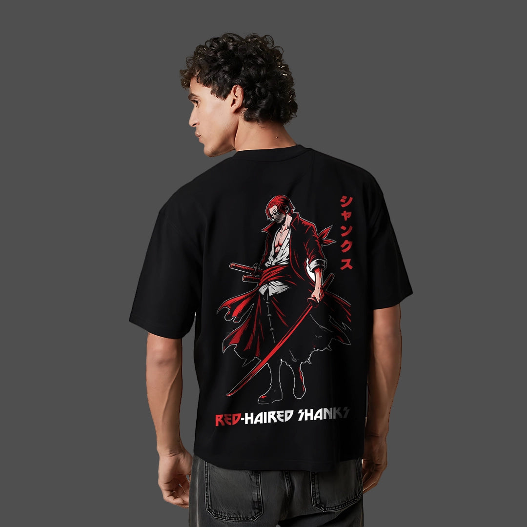 Red-Haired Shanks black oversized t-shirt featuring a striking character graphic on the back