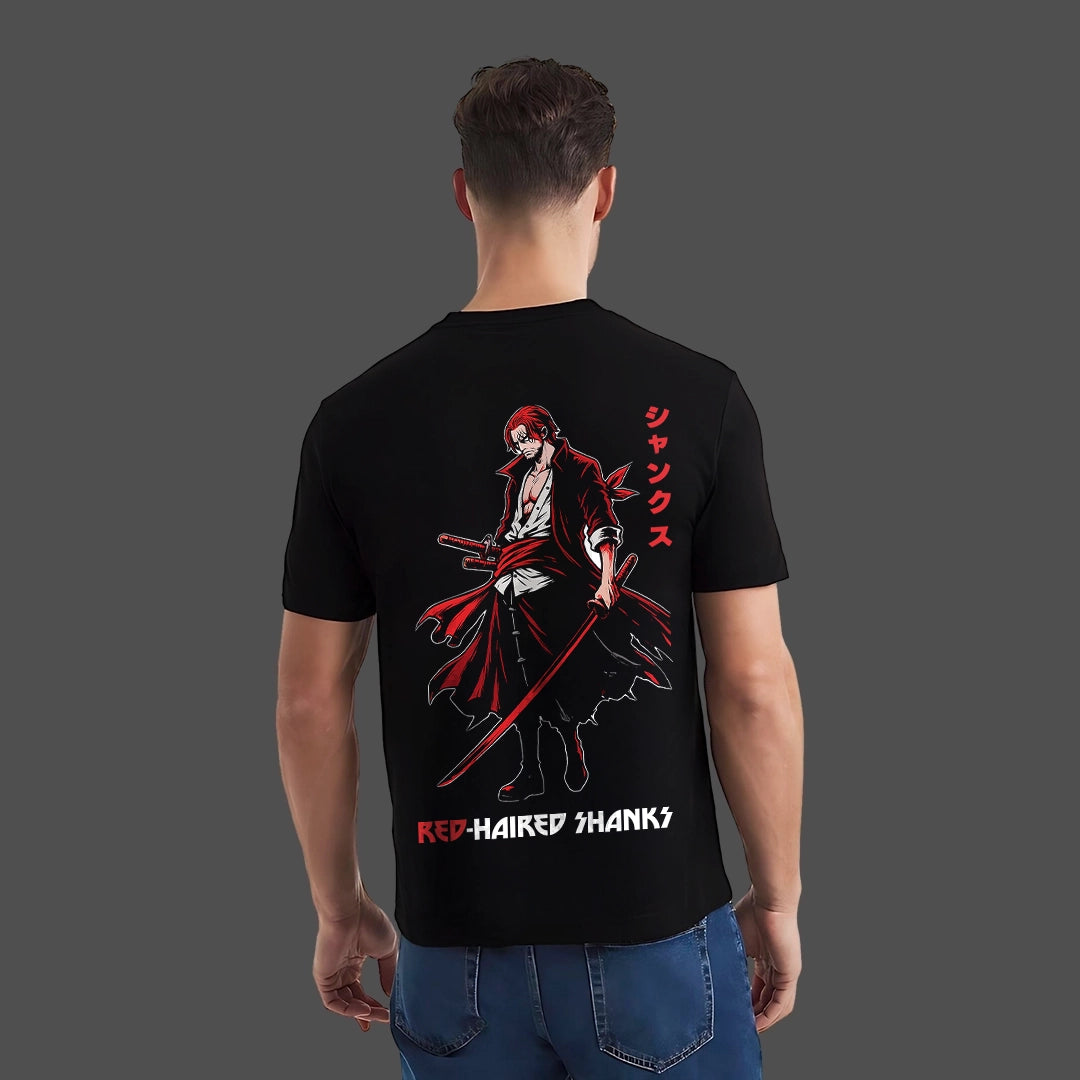 Vlack Regular Fit black t-shirt featuring a Red Haired Shanks design on the back