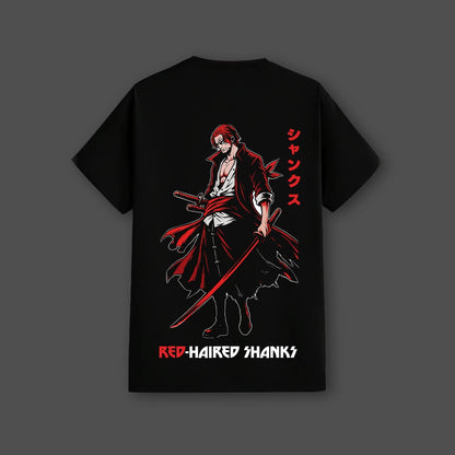 Regular fit black t-shirt featuring Red Haired Shanks graphic design on the back