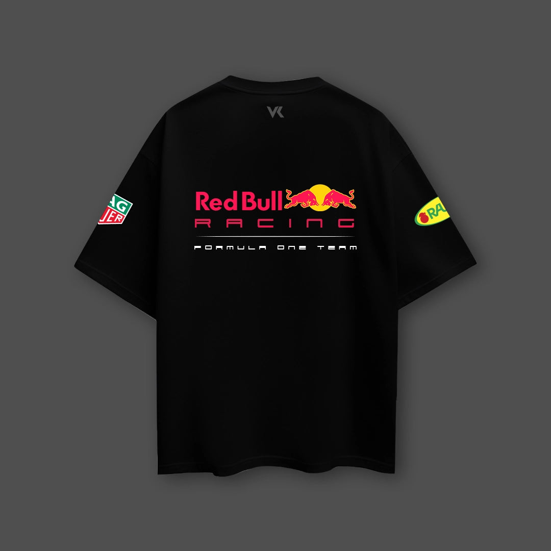Redbull Racing black oversize t-shirt featuring vibrant logo design for motorsport enthusiasts