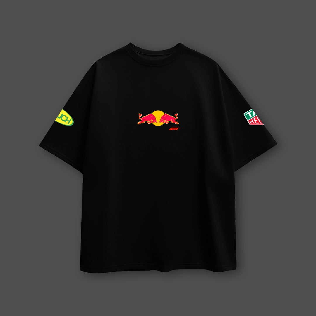 Redbull Racing black oversize t-shirt featuring logo prints on the front and sleeves.