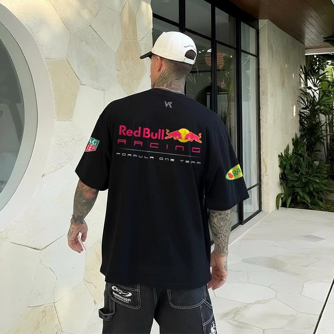 Redbull Racing black oversize t-shirt featuring iconic logos and a comfortable fit for casual wear.