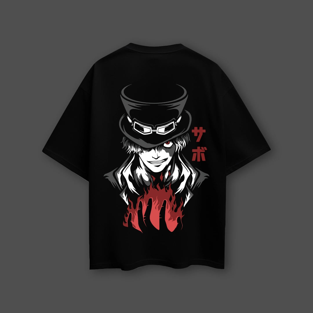 Sabo oversized black t-shirt featuring a bold character design with red accents on the back