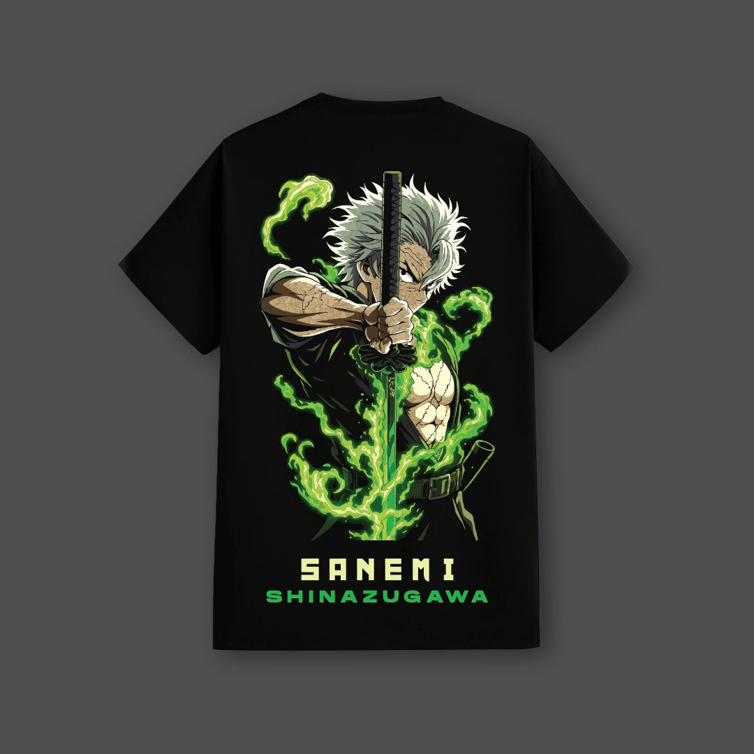 Sanemi Shinazugawa black t-shirt featuring a detailed graphic of Sanemi with a sword and green energy effects