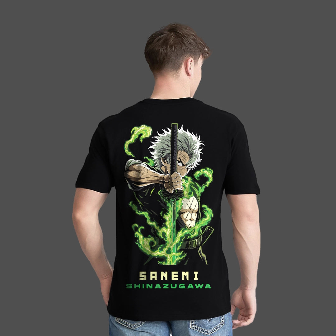 Men's Regular Fit Sanemi Shinazugawa black t-shirt with vibrant anime graphics and sword design