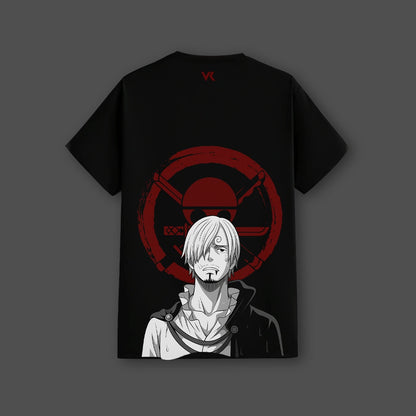Sanji black t-shirt featuring a graphic design of Sanji with a red emblem on a black background