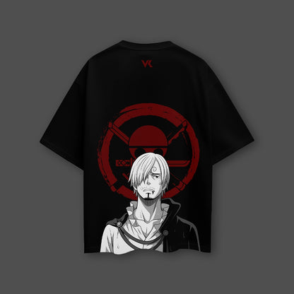Sanji oversized black t-shirt featuring a graphic design of Sanji with a red emblem