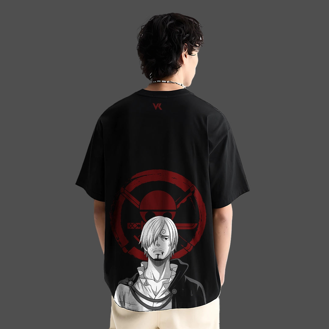 Sanji oversized black t-shirt featuring a graphic print of Sanji on the back and a stylish design